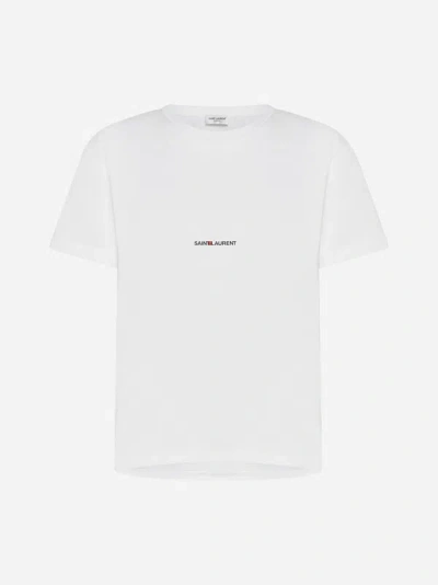 Saint Laurent Women Basic White T-shirt With Miiddle Logo Print In Cotton Woman In White