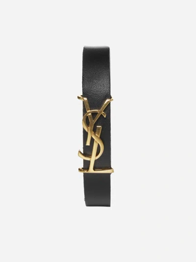 Shop Saint Laurent Ysl Logo Leather Bracelet In Black
