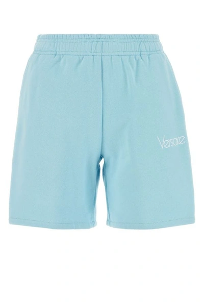 Shop Versace Woman Light-blue Cotton Shorts
