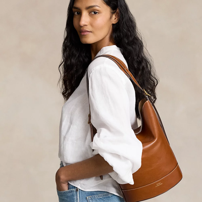 Shop Ralph Lauren Leather Medium Bellport Bucket Bag In Cuoio