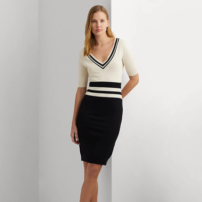 Shop Lauren Ralph Lauren Two-tone Cotton-blend Sweater Dress In Black/mascarpone Cream