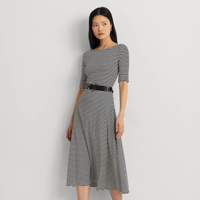 Shop Lauren Ralph Lauren Striped Stretch Cotton Midi Dress In Black/mascarpone Cream