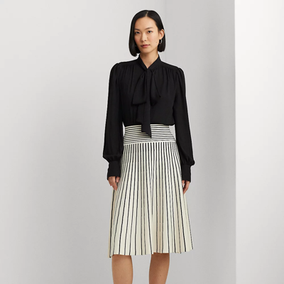 Shop Lauren Ralph Lauren Striped Cotton-blend Midi Skirt In Mascarpone Cream/black