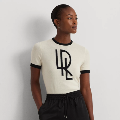 Shop Lauren Petite Two-tone Logo Short-sleeve Sweater In Mascarpone Cream/black