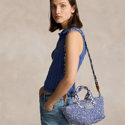 Shop Ralph Lauren Quilted Floral Cotton Small Tote In Blue Flower