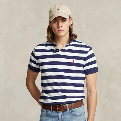 Shop Ralph Lauren Classic Fit Striped Mesh Polo Shirt In Newport Navy/white