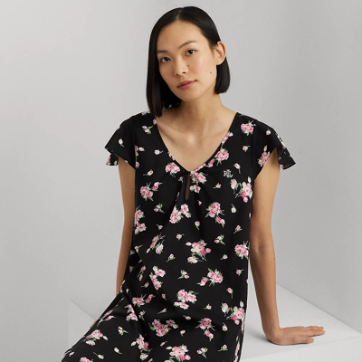 Shop Lauren Ralph Lauren Floral Poplin Flutter-sleeve Nightgown In Black Ground Floral