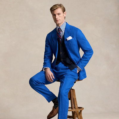 Shop Ralph Lauren Pleated Linen Trouser In Heritage Blue