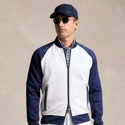 Shop Rlx Golf Color-blocked Double-knit Bomber Jacket In Refined White/navy