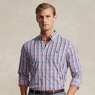 Shop Ralph Lauren Classic Fit Plaid Stretch Twill Shirt In Pink/blue Multi