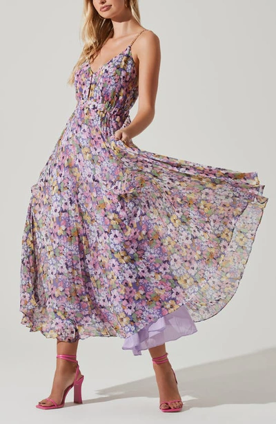 Shop Astr Loralee Pleated Midi Dress In Purple Floral