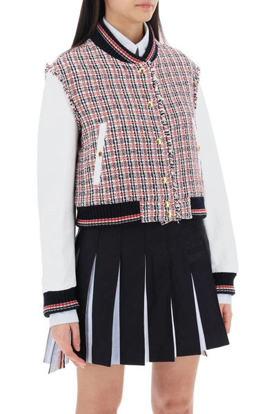 Shop Thom Browne Tweed Bomber Jacket With Leather Sleeves In Multicolor