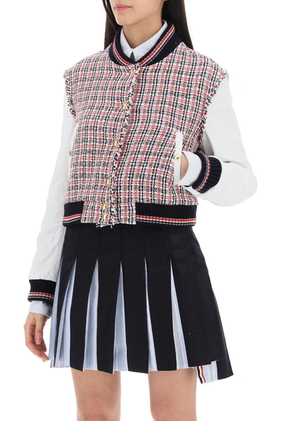 Shop Thom Browne Tweed Bomber Jacket With Leather Sleeves In Multicolor