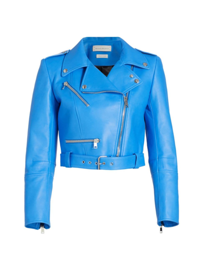 Shop Alexander Mcqueen Women's Leather Cropped Biker Jacket In Lapis Blue