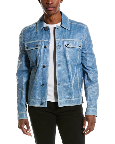 Shop Tod's Washed Denim Leather City Jacket In Blue