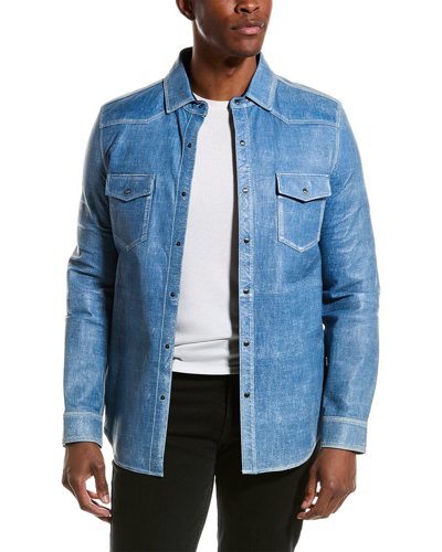 Shop Tod's Washed Denim Leather Shirt Jacket In Blue