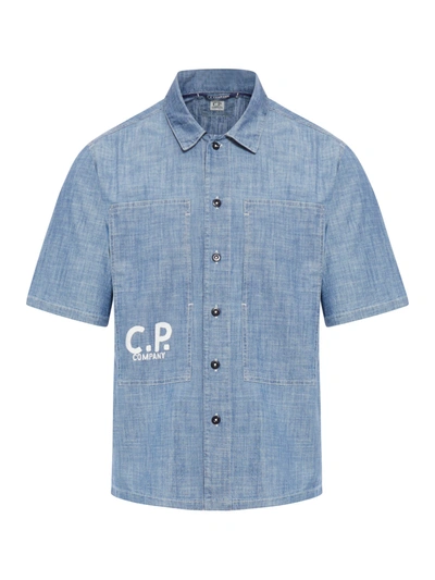 Shop C.p. Company Chambray Short Sleeved Logo Shirt In Grey