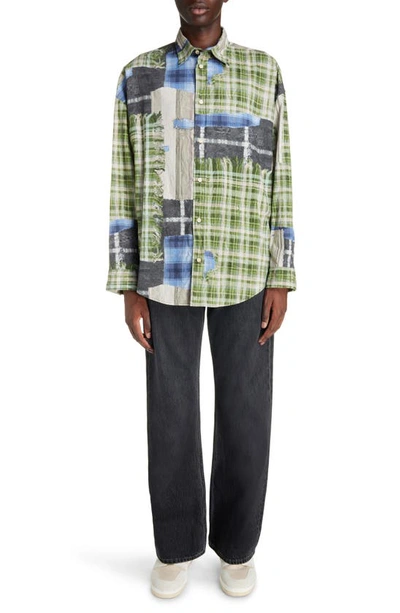 Shop Acne Studios Oversize Plaid & Stripe Patchwork Button-up Shirt In Green Multi