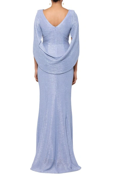 Shop Betsy & Adam Cape Sleeve Metallic Crinkle Gown In Blue/ Silver