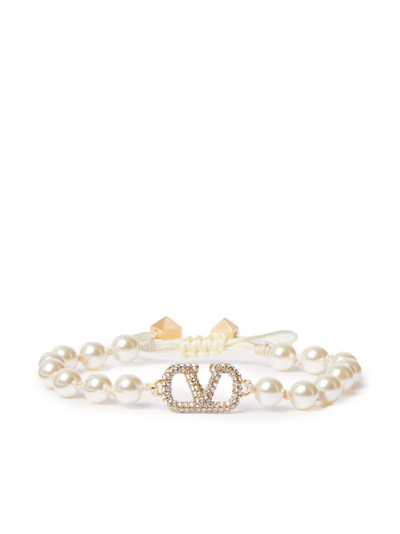 Shop Valentino Neutral Vlogo Signature Faux-pearl Bracelet In Neutrals