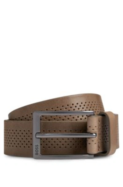 Shop Hugo Boss Italian-leather Belt With Perforated Strap And Gunmetal Buckle In Grey