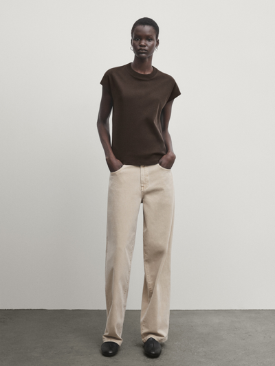 Shop Massimo Dutti 100% Cotton Drop Sleeve T-shirt In Schokoladenbraun