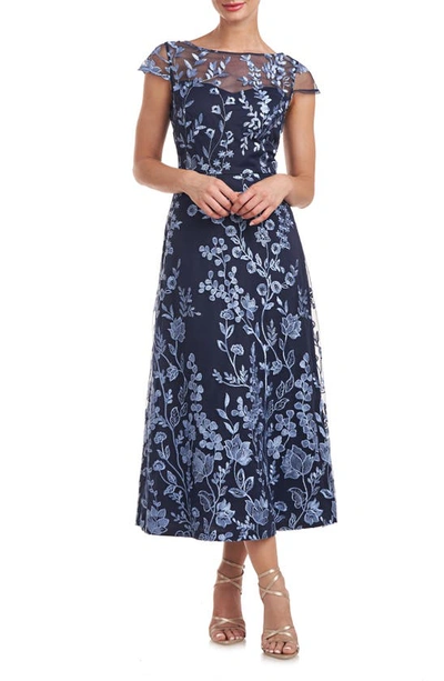 Shop Js Collections Meredith Floral Embroidery A-line Dress In Navy / Sky