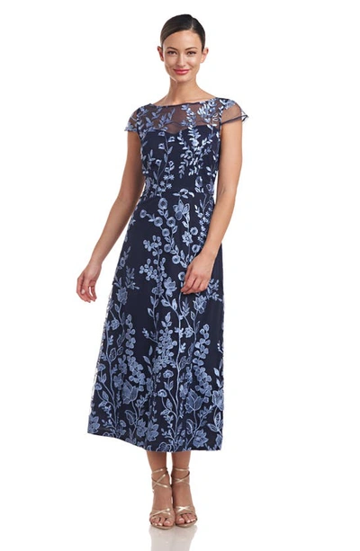 Shop Js Collections Meredith Floral Embroidery A-line Dress In Navy / Sky