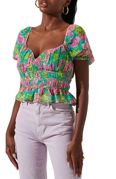 Shop Astr Leigh Floral Puff Sleeve Crop Top In Green Pink Multi