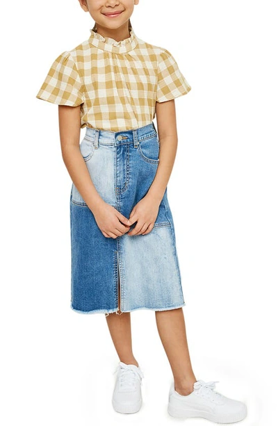 Hayden Girls Kids' Gingham Print Cotton Ruffle Mock Neck Top In Mustard