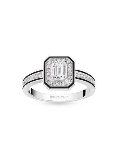 Shop Boucheron Women's Architecture-vendome Lisere 18k White Gold, 0.75 Tcw Diamond & Enamel Engagement Ring