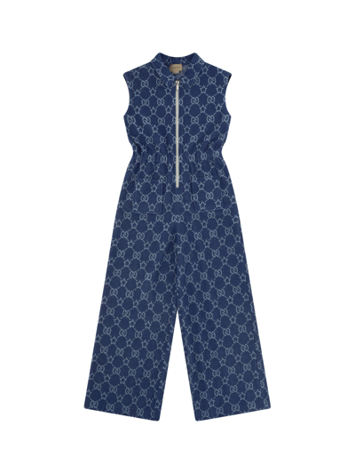 Shop Gucci Jumpsuit Dress For Girl In Avio/mc