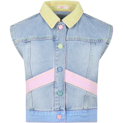 Shop Billieblush Denim Vest For Girl With Multicolor Embroidered Print