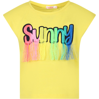 Shop Billieblush Yellow T-shirt With Multicolor Sunny Writing And Fringes