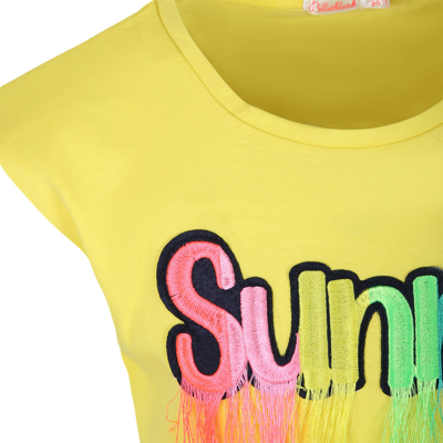 Shop Billieblush Yellow T-shirt With Multicolor Sunny Writing And Fringes