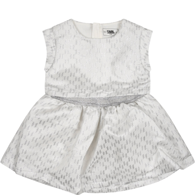 Shop Karl Lagerfeld Silver Dress For Baby Girl With All-over Silver K/ikonik Graphic Print
