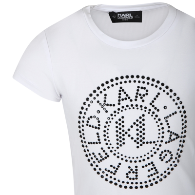 Shop Karl Lagerfeld White T-shirt For Girl With Rhinestone Logo Print