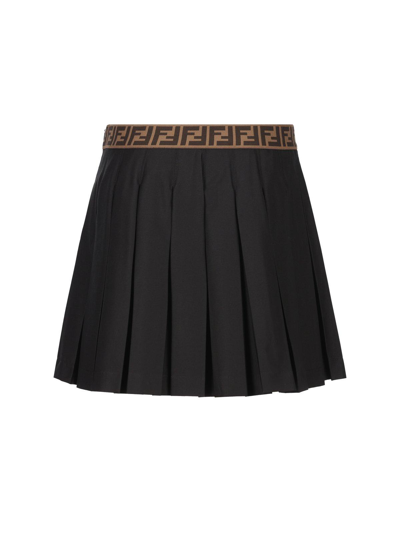 Shop Fendi Logo Waistband Pleated Skirt In Nero