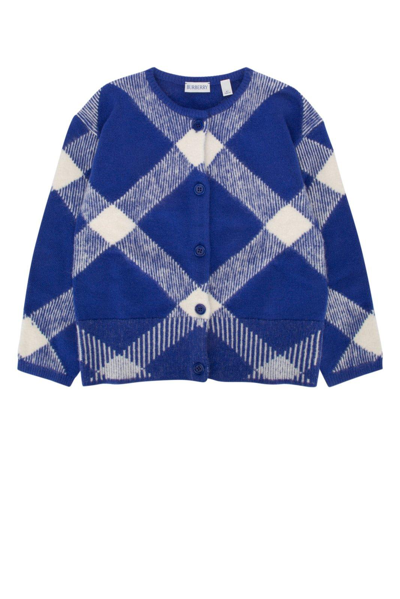 Shop Burberry Checked Knit Cardigan In Blu
