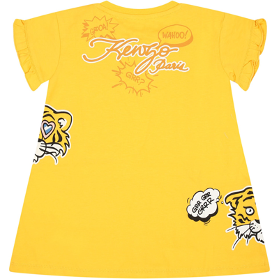 Shop Kenzo Yellow Dress For Baby Girl With Printing And Logo