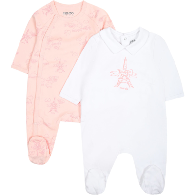 Shop Kenzo Pink Set For Baby Girl With Tour Eiffel And Print In Multicolor