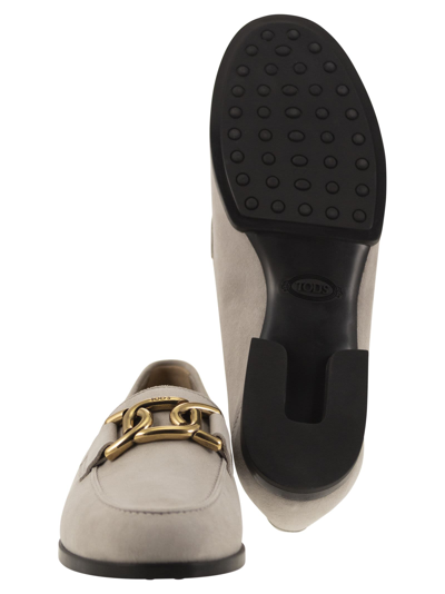 Shop Tod's Moccasin In Nubuck With Metal Chain In Grey