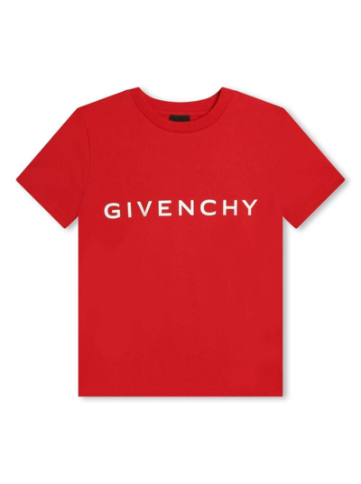 Shop Givenchy Red Crewneck T-shirt With Contrasting Logo Lettering Print In Cotton Boy