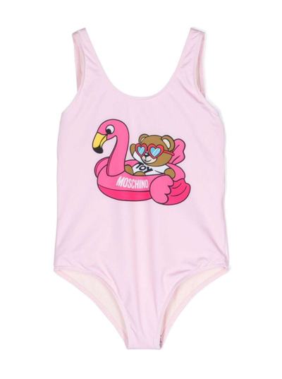 Shop Moschino Pink Swimsuit With Teddy Bear In Techno Fabric Girl