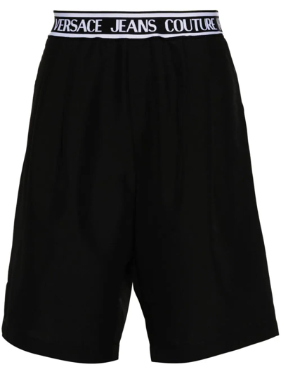 Shop Versace Jeans Couture Elastic Waist Logo Shorts In Black