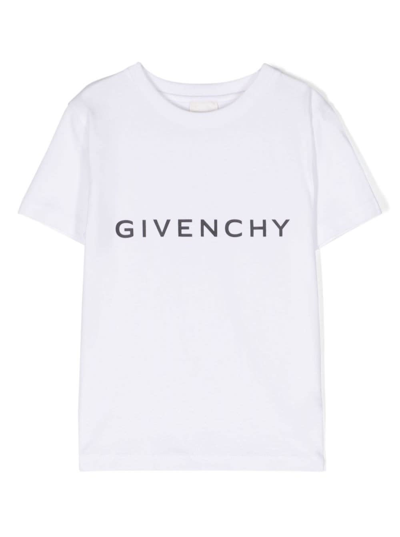 Shop Givenchy White Crewneck T-shirt With Contrasting Logo Lettering Print In Cotton Boy