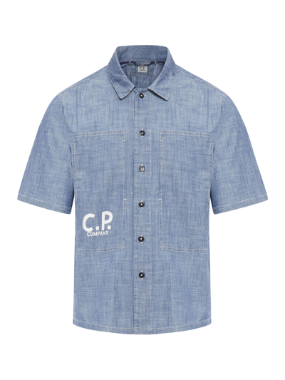 Shop C.p. Company Chambray Short Sleeved Logo Shirt In Stone Bleach