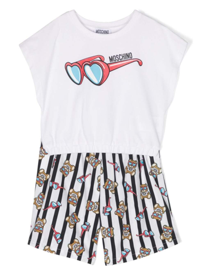 Shop Moschino Black And White T-shirt And Shorts Set With Teddy Bear Logo In Stretch Cotton Girl