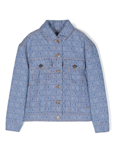 Shop Moschino Blue Jacket With All Over Logo In Denim Boy
