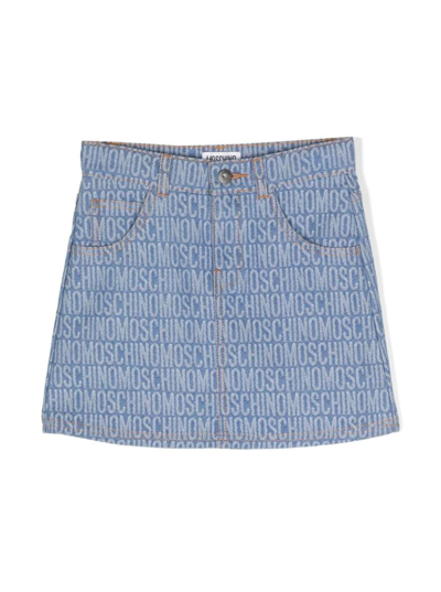 Shop Moschino Blue Mini Skirt With Logo All Over In Denim Girl